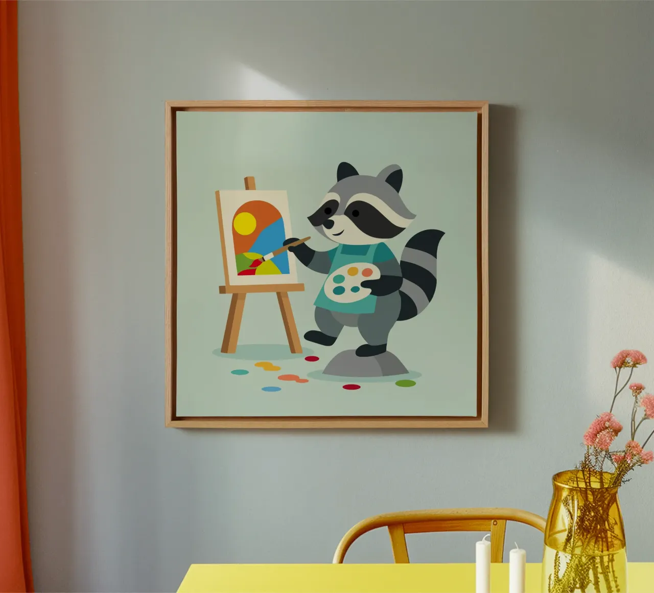 Procione creativo con tavolozza di colori - motivo colorato per bambini tela con Cornice a cassetta da namosh