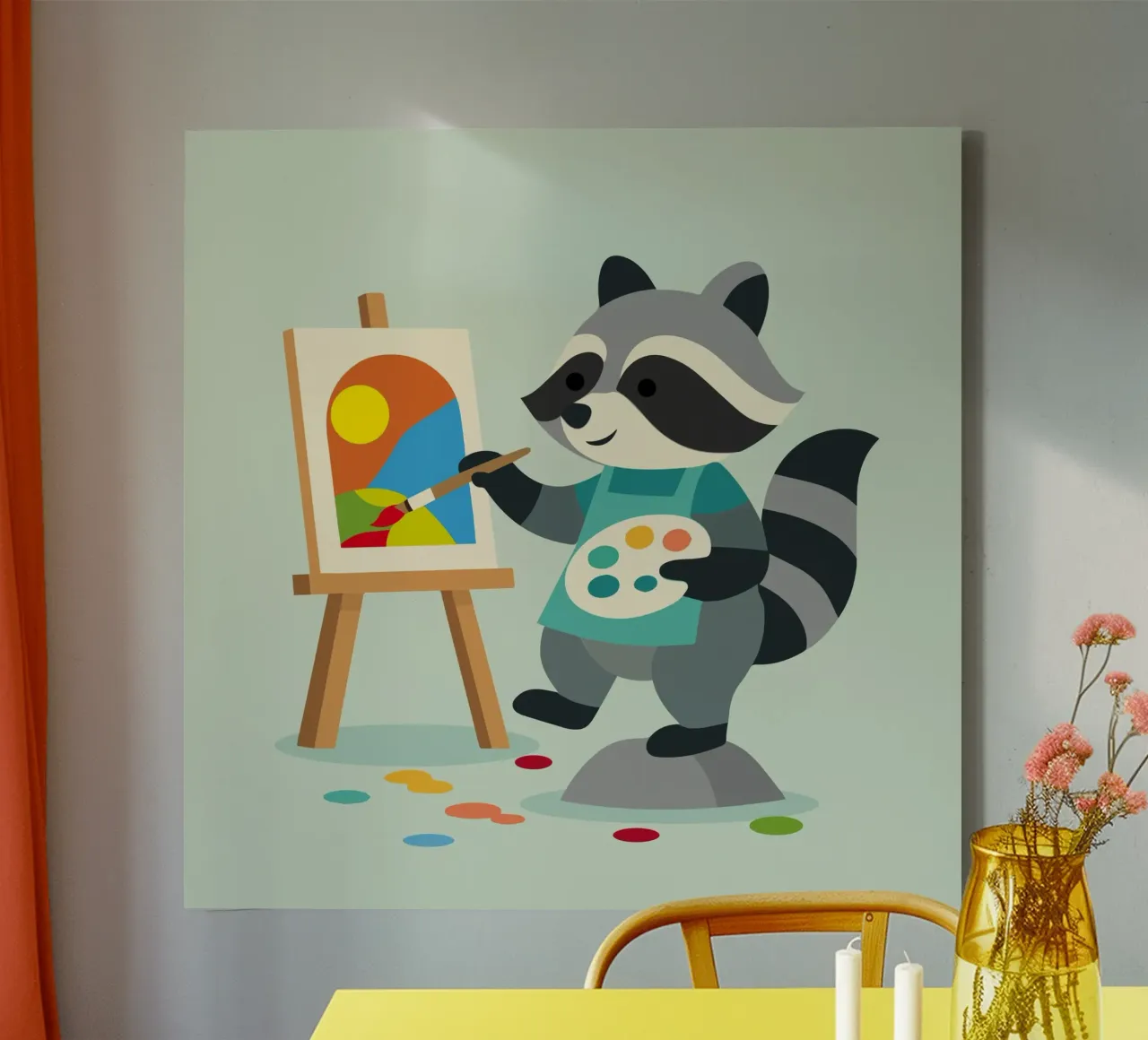 Procione creativo con tavolozza di colori - motivo colorato per bambini tela con Cornice a cassetta da namosh
