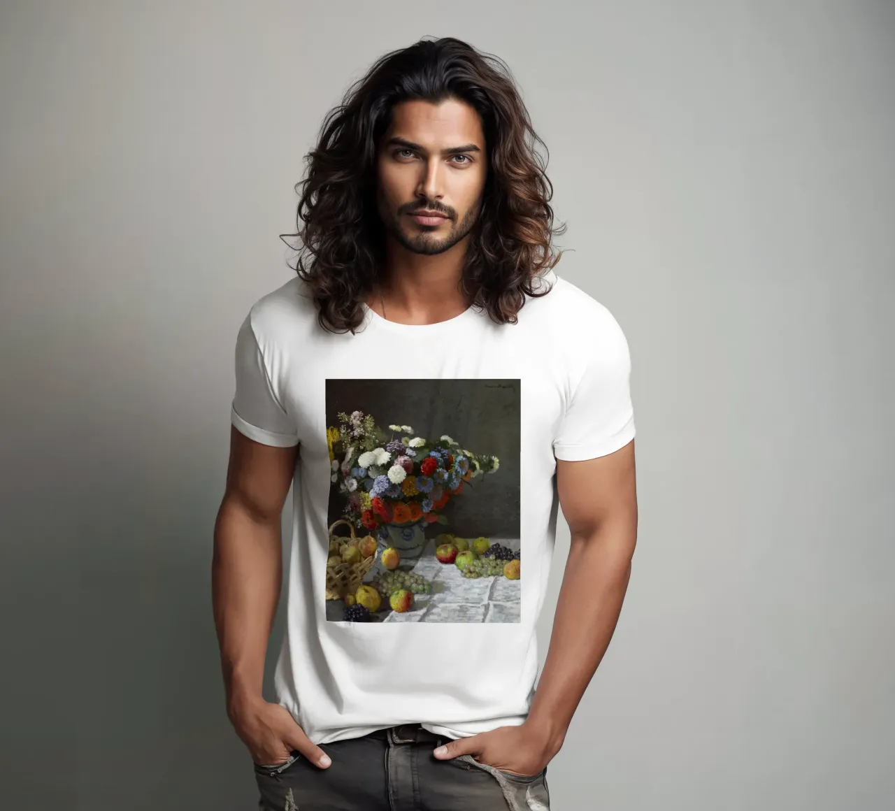 Natura morta con fiori e frutta (1869) di Claude Monet. t-shirt da Monet Art Prints