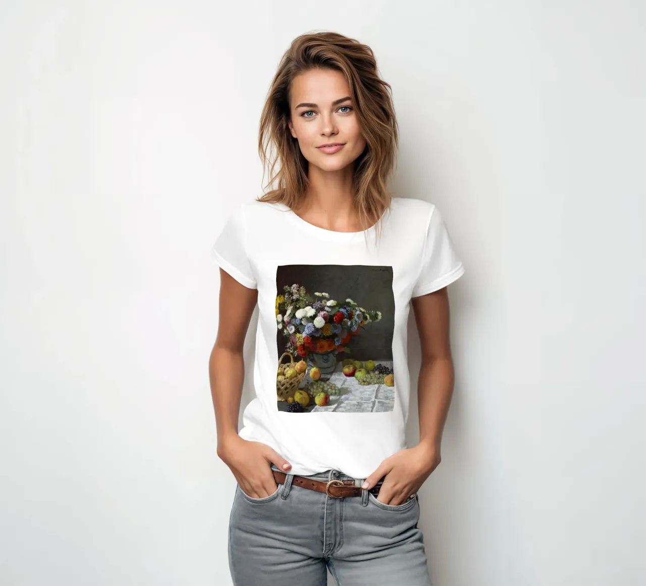 Natura morta con fiori e frutta (1869) di Claude Monet. t-shirt da donna da Monet Art Prints
