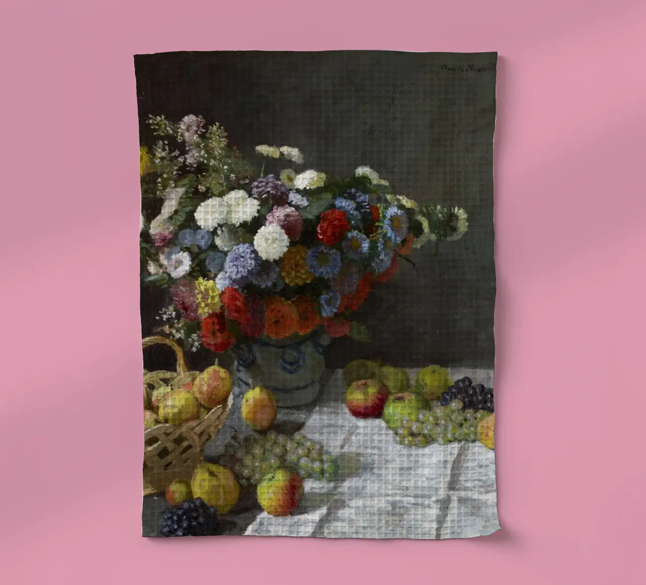 Natura morta con fiori e frutta (1869) di Claude Monet. canovaccio da cucina da Monet Art Prints