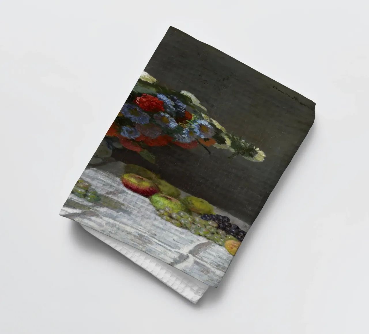 Natura morta con fiori e frutta (1869) di Claude Monet. canovaccio da cucina da Monet Art Prints