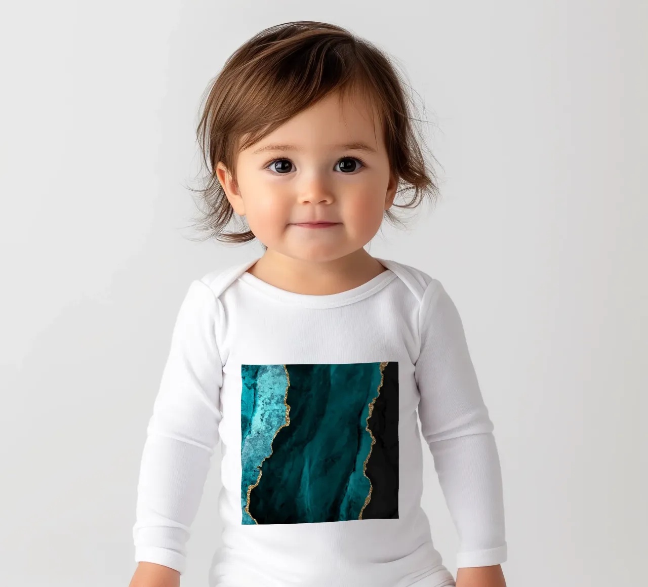 Teal & Gold Agate Texture 01 long-sleeve baby romper by Gemstone Textures