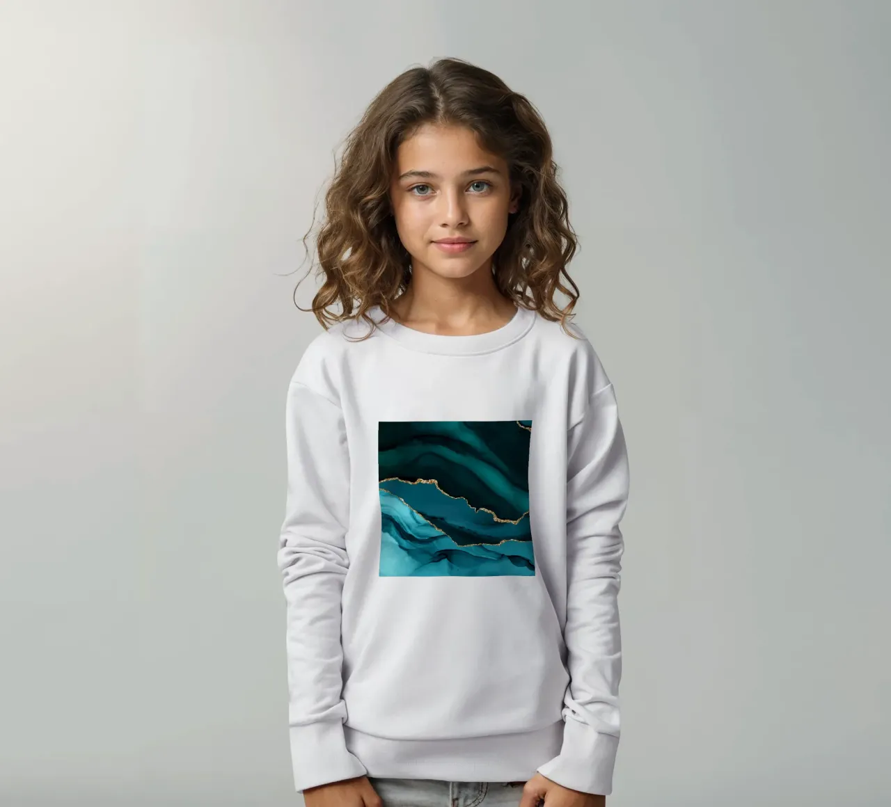 Teal & Gold Agate Texture 12 kids sweatshirt by Gemstone Textures