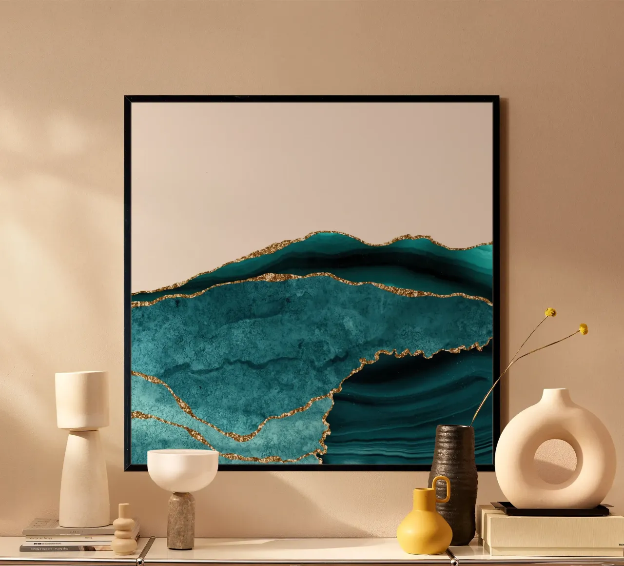 Texture agate sarcelle et or 30 poster avec cadre en aluminium de Gemstone Textures