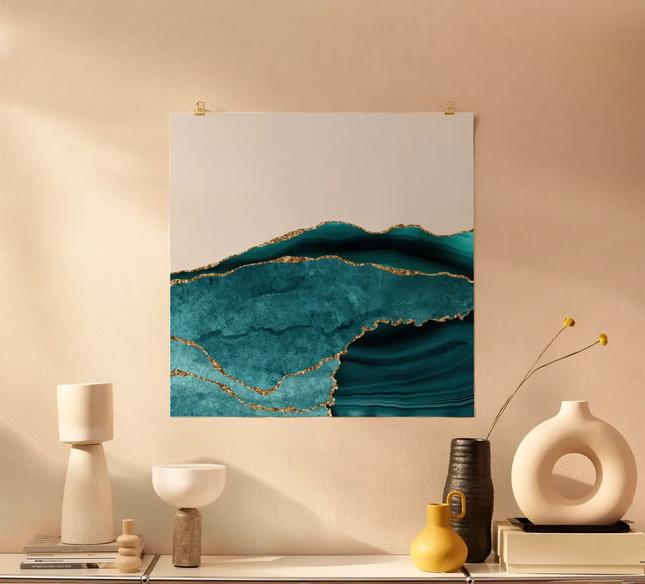 Texture agate sarcelle et or 30 poster avec cadre en aluminium de Gemstone Textures