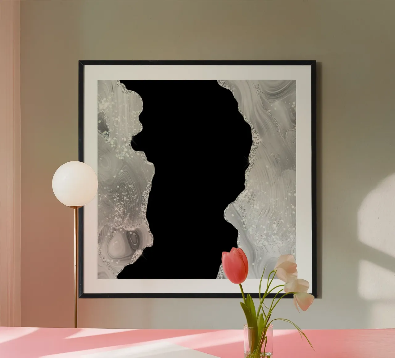 Texture Agata Glitterata Bianca e Argento 03 poster con telaio in alluminio da Gemstone Textures