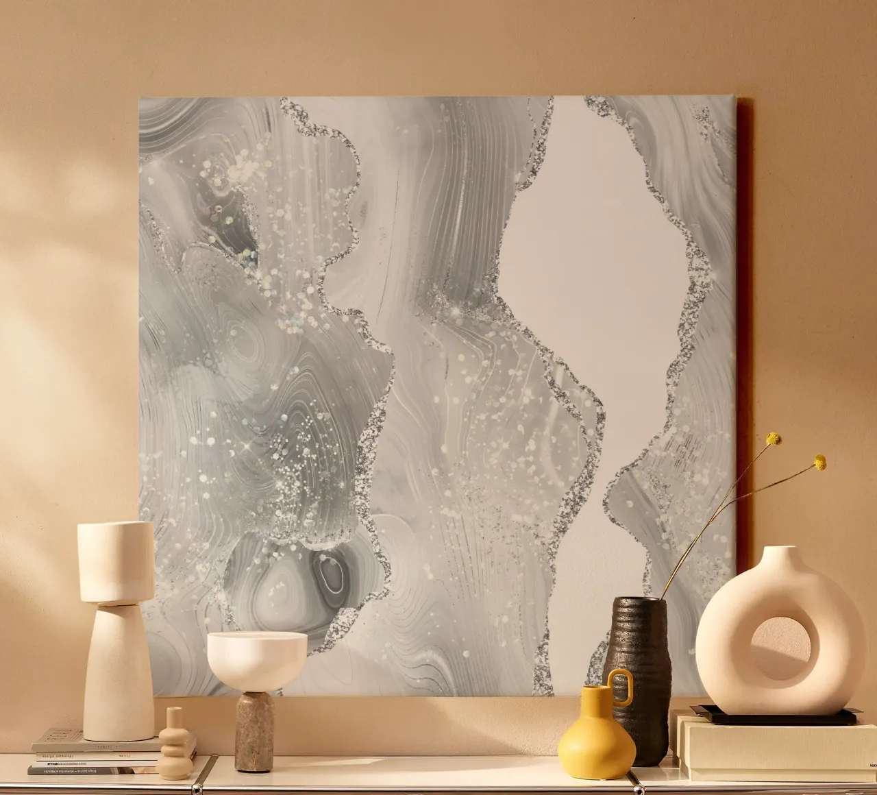 Agata glitterata bianca e argento Texture 07 tela con Cornice a cassetta da Gemstone Textures