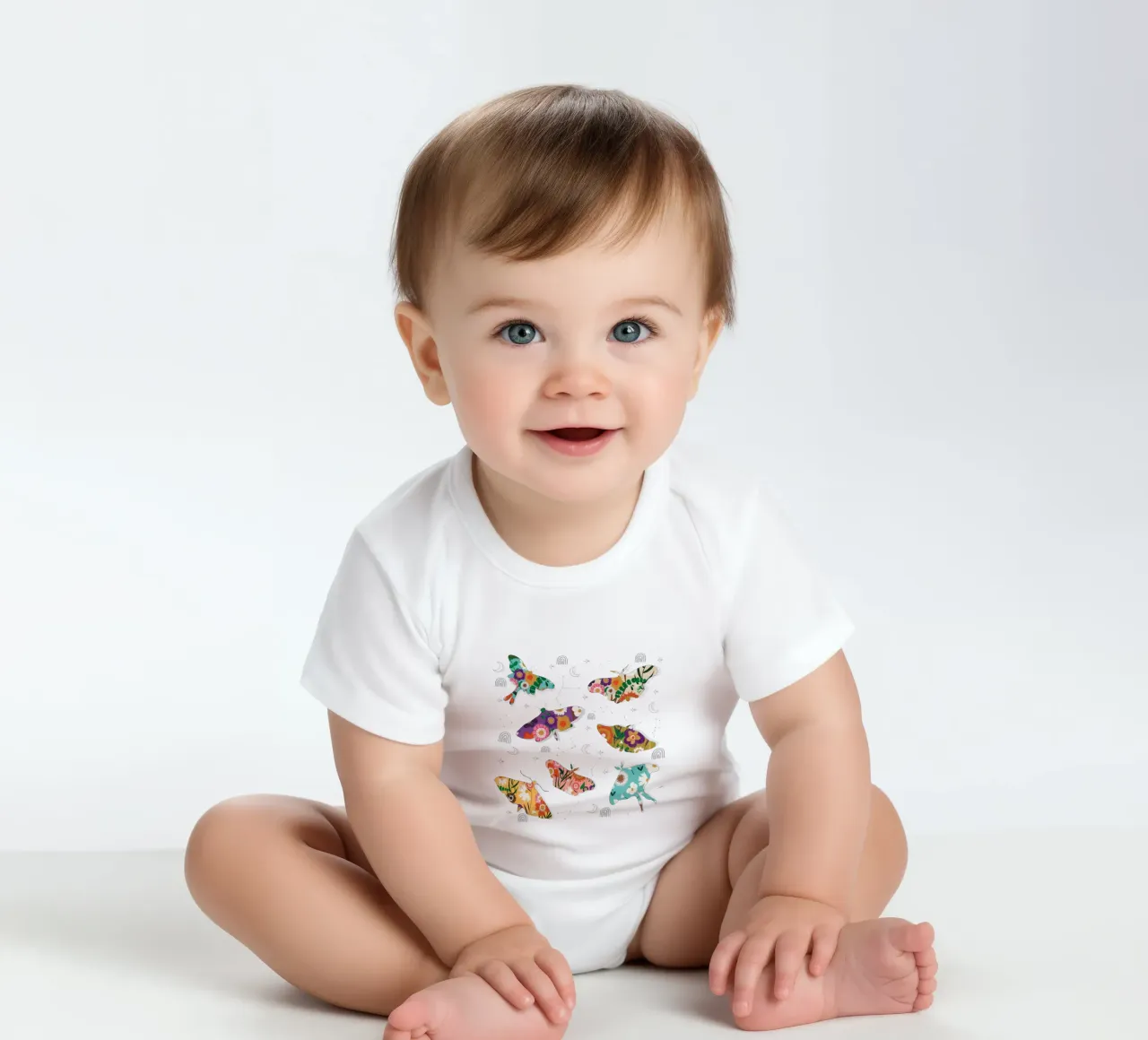 Falene cosmiche floreali - Senape celeste Boho body neonato maniche corte da susanacosta