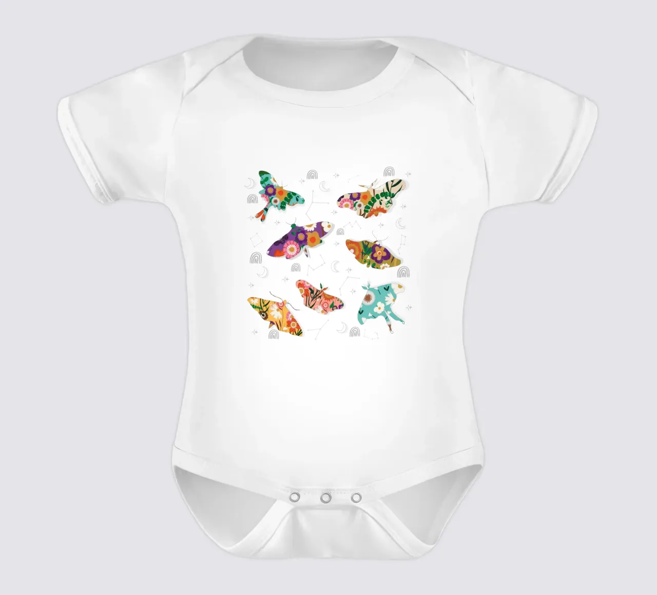 Falene cosmiche floreali - Senape celeste Boho body neonato maniche corte da susanacosta