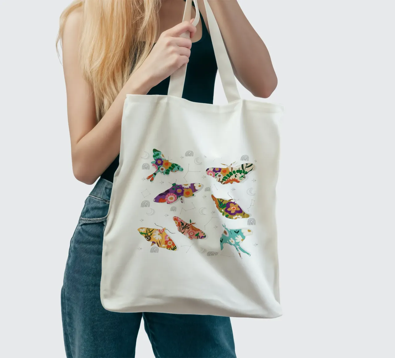 Falene cosmiche floreali - Senape celeste Boho borsa in juta da susanacosta
