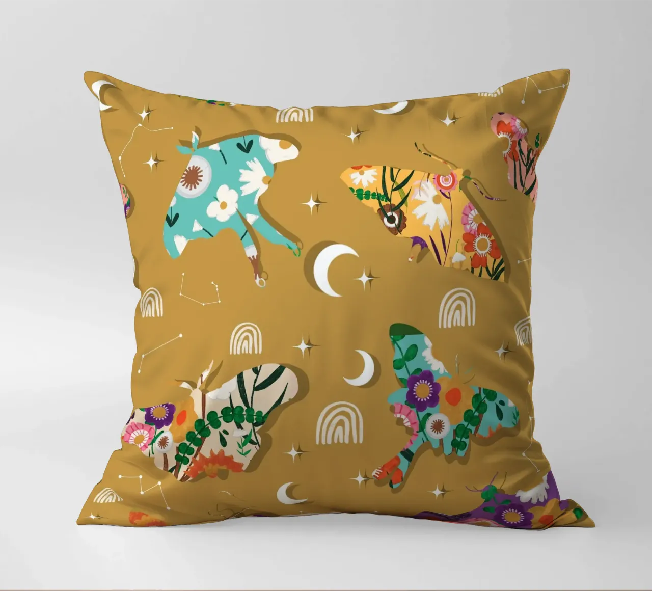 Falene cosmiche floreali - Senape celeste Boho cuscino da susanacosta