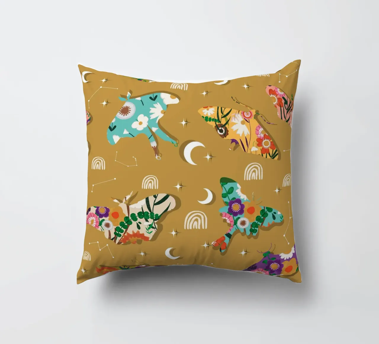 Falene cosmiche floreali - Senape celeste Boho cuscino da susanacosta