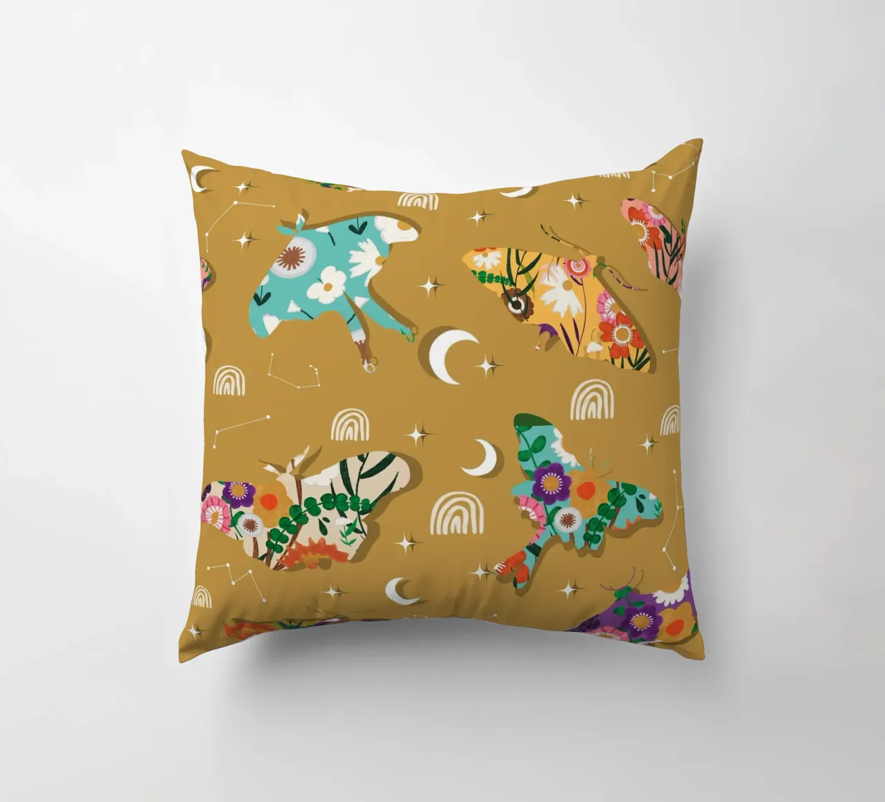 Falene cosmiche floreali - Senape celeste Boho cuscino da susanacosta
