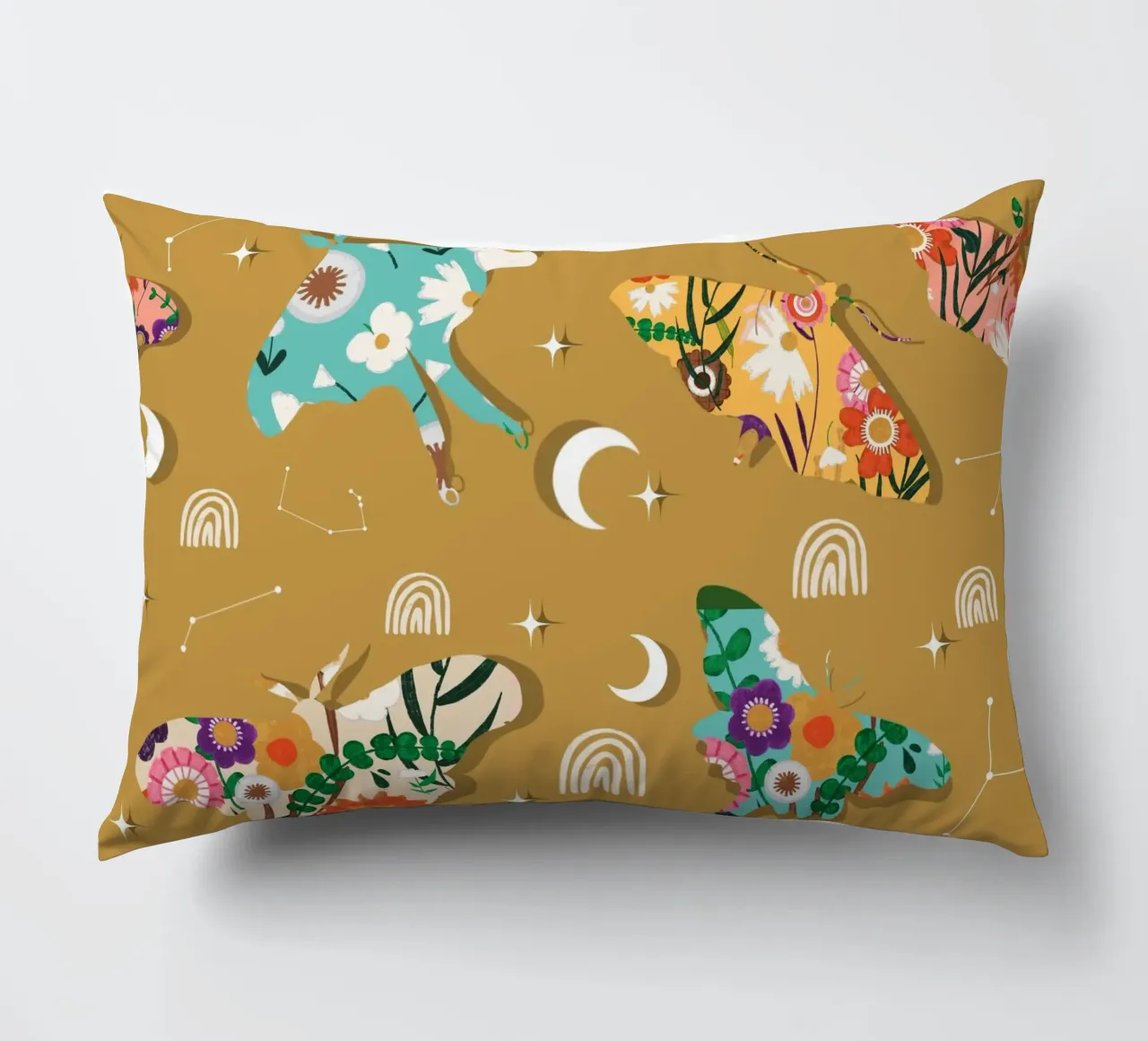Falene cosmiche floreali - Senape celeste Boho cuscino da susanacosta