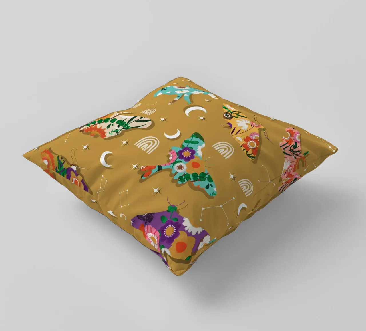 Falene cosmiche floreali - Senape celeste Boho cuscino da susanacosta