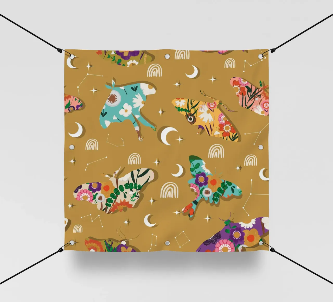 Falene cosmiche floreali - Senape celeste Boho telo in pvc da susanacosta