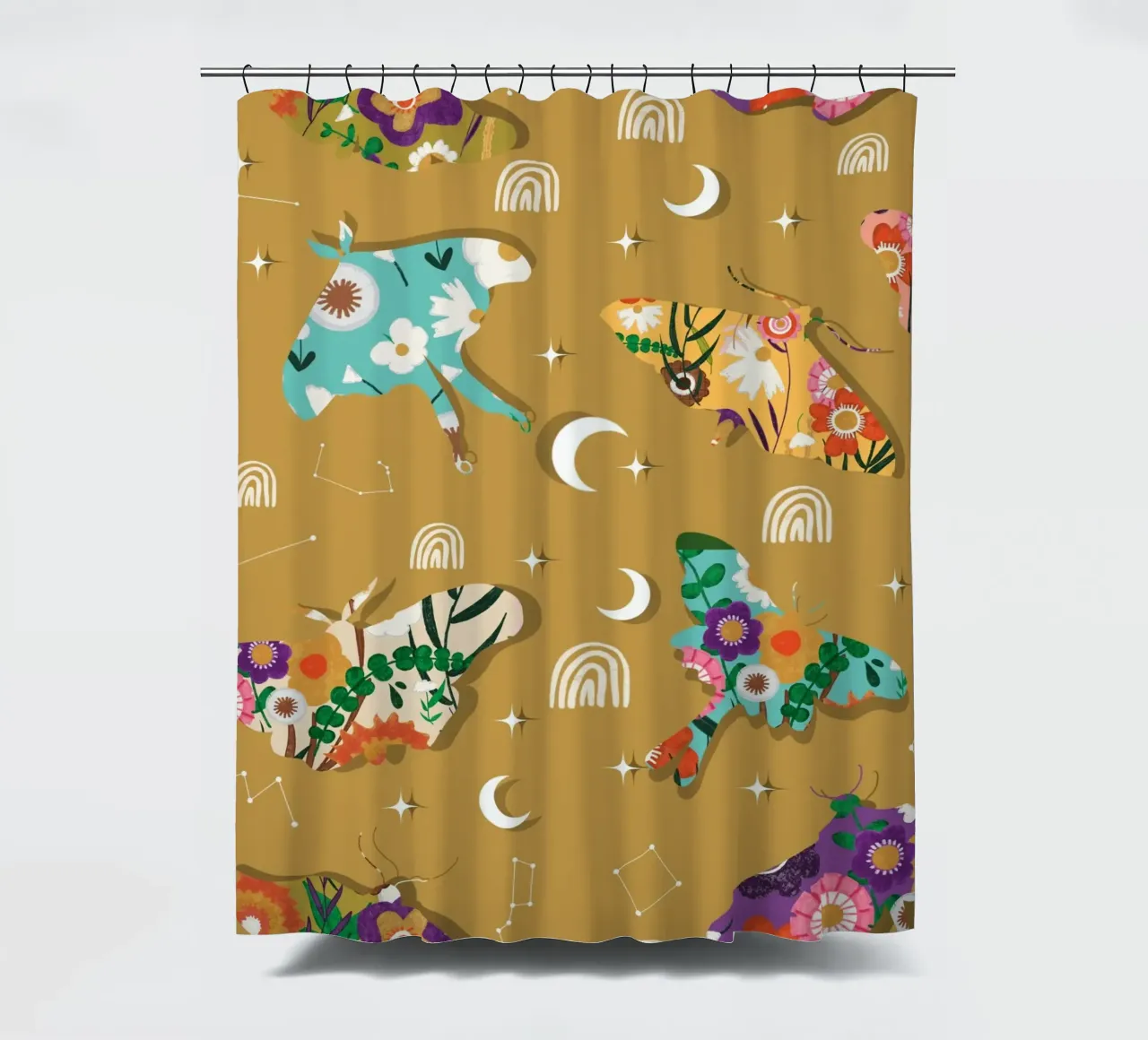 Falene cosmiche floreali - Senape celeste Boho tenda da doccia da susanacosta