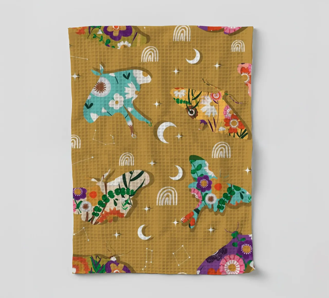 Falene cosmiche floreali - Senape celeste Boho canovaccio da cucina da susanacosta