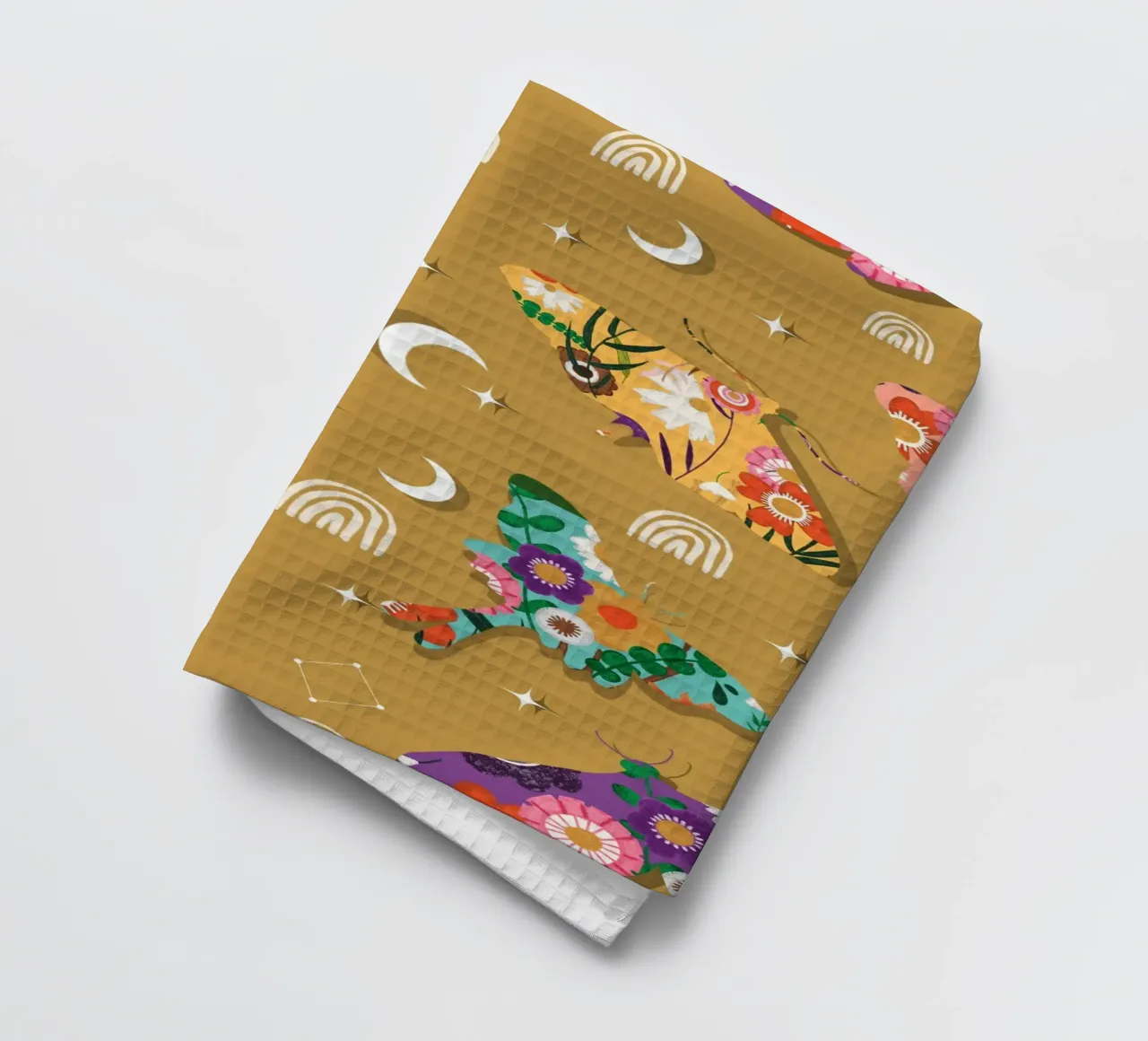 Falene cosmiche floreali - Senape celeste Boho canovaccio da cucina da susanacosta