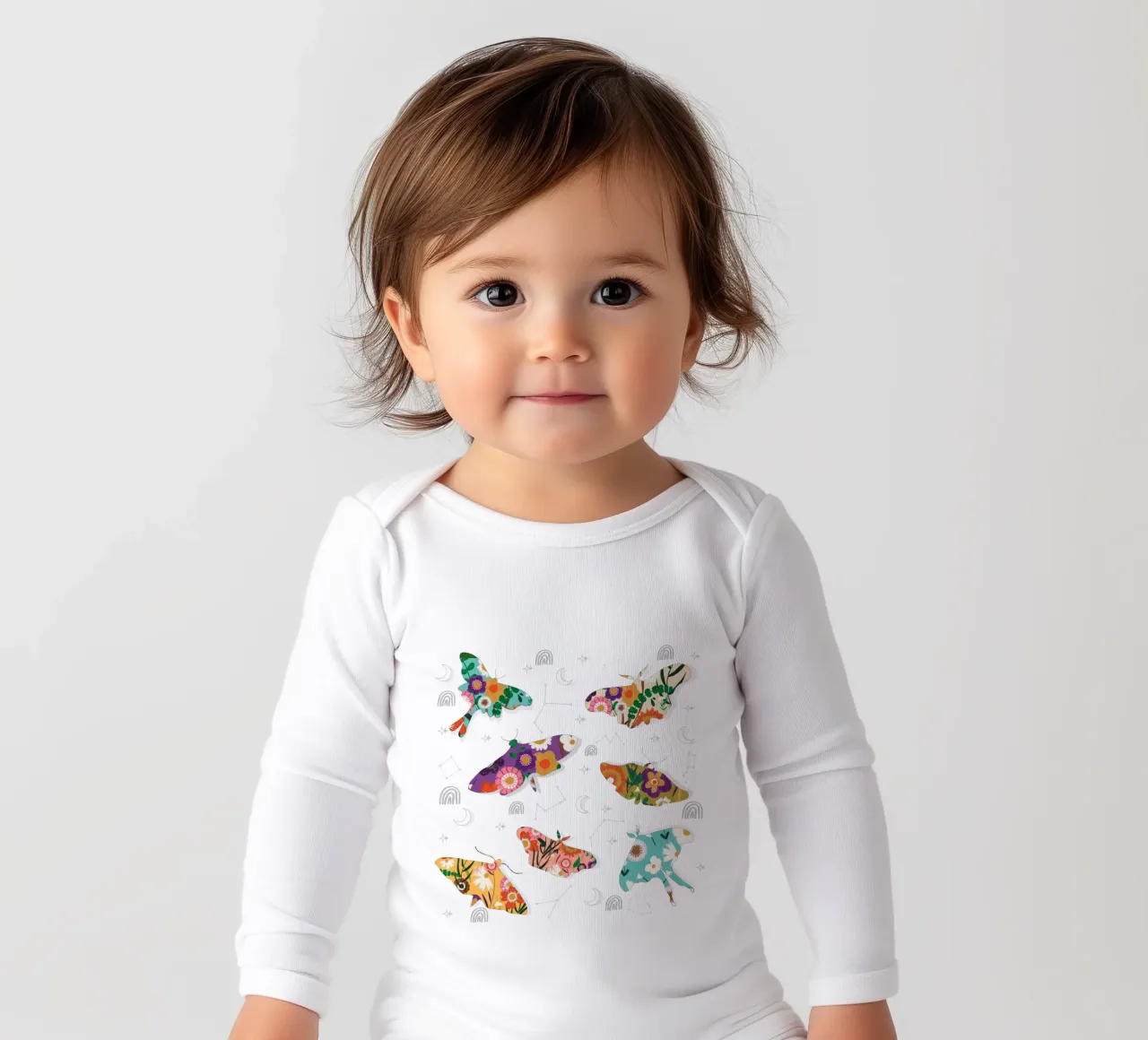 Floral Cosmic Moths - Boho Celestial Orange long-sleeve baby romper by susanacosta
