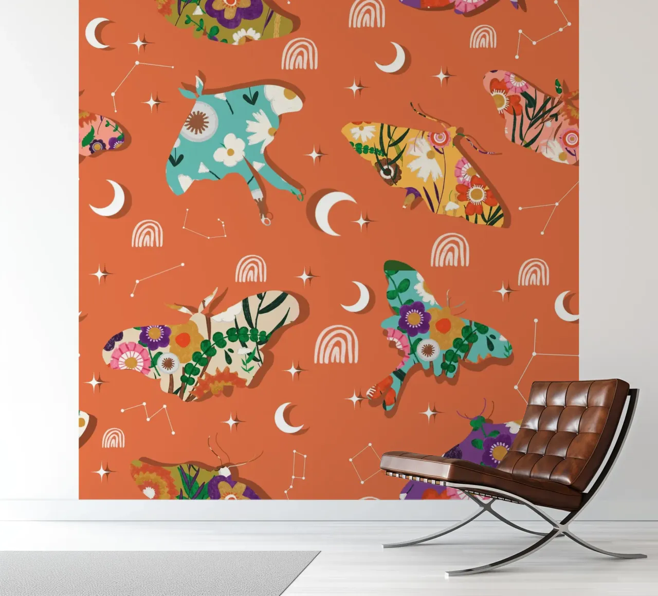 Floral Cosmic Moths - Boho Celestial Orange photo wallpaper by susanacosta