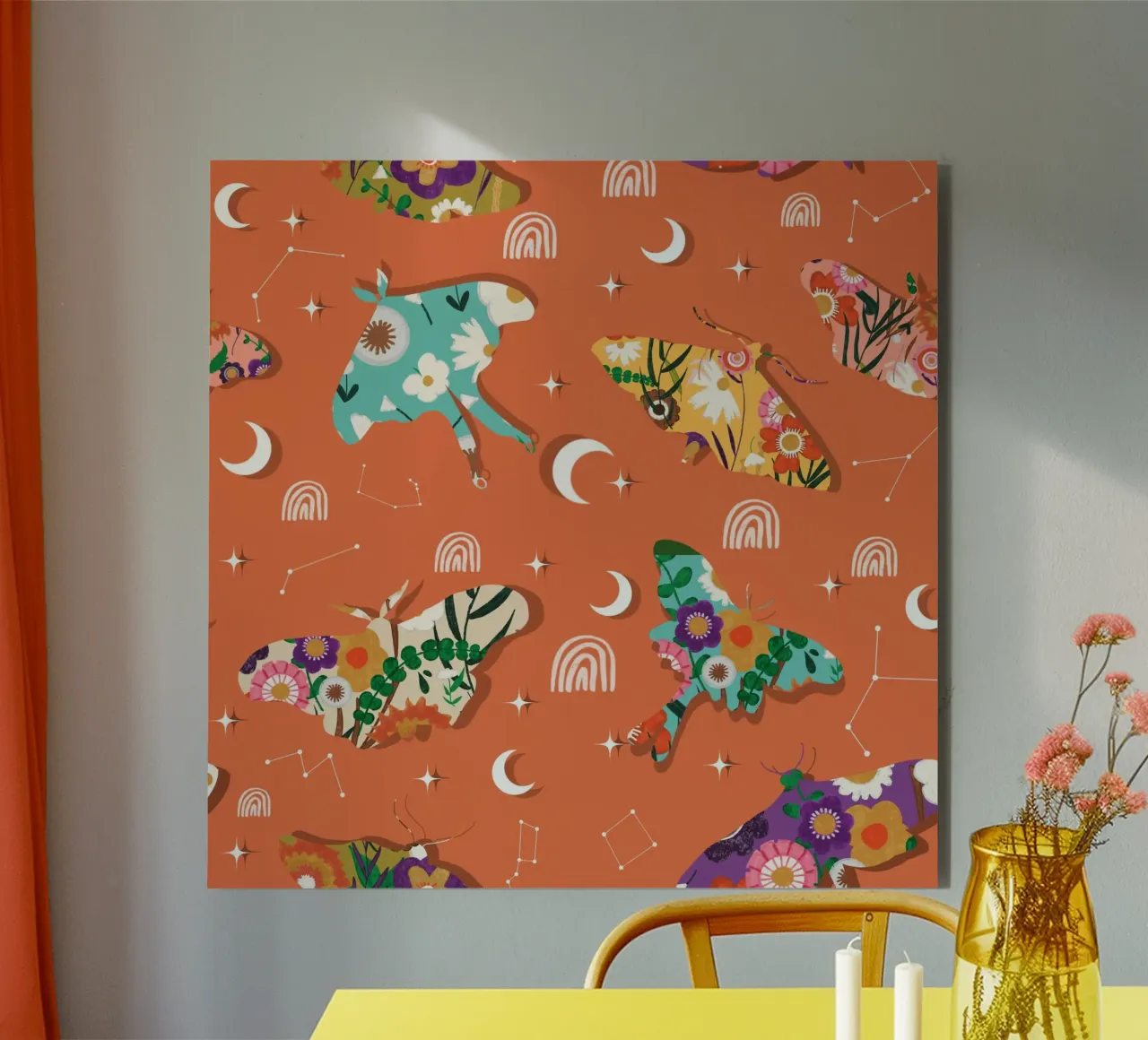 Falene cosmiche floreali - Boho Arancione celeste alluminio dibond da susanacosta
