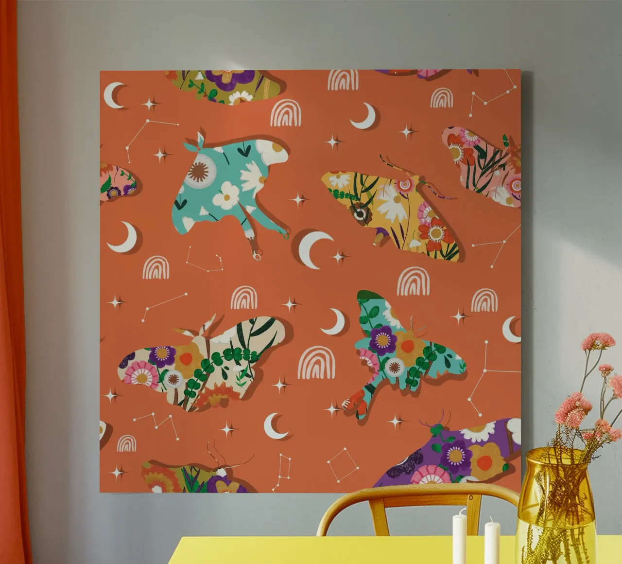 Falene cosmiche floreali - Boho Arancione celeste tela con Cornice a cassetta da susanacosta