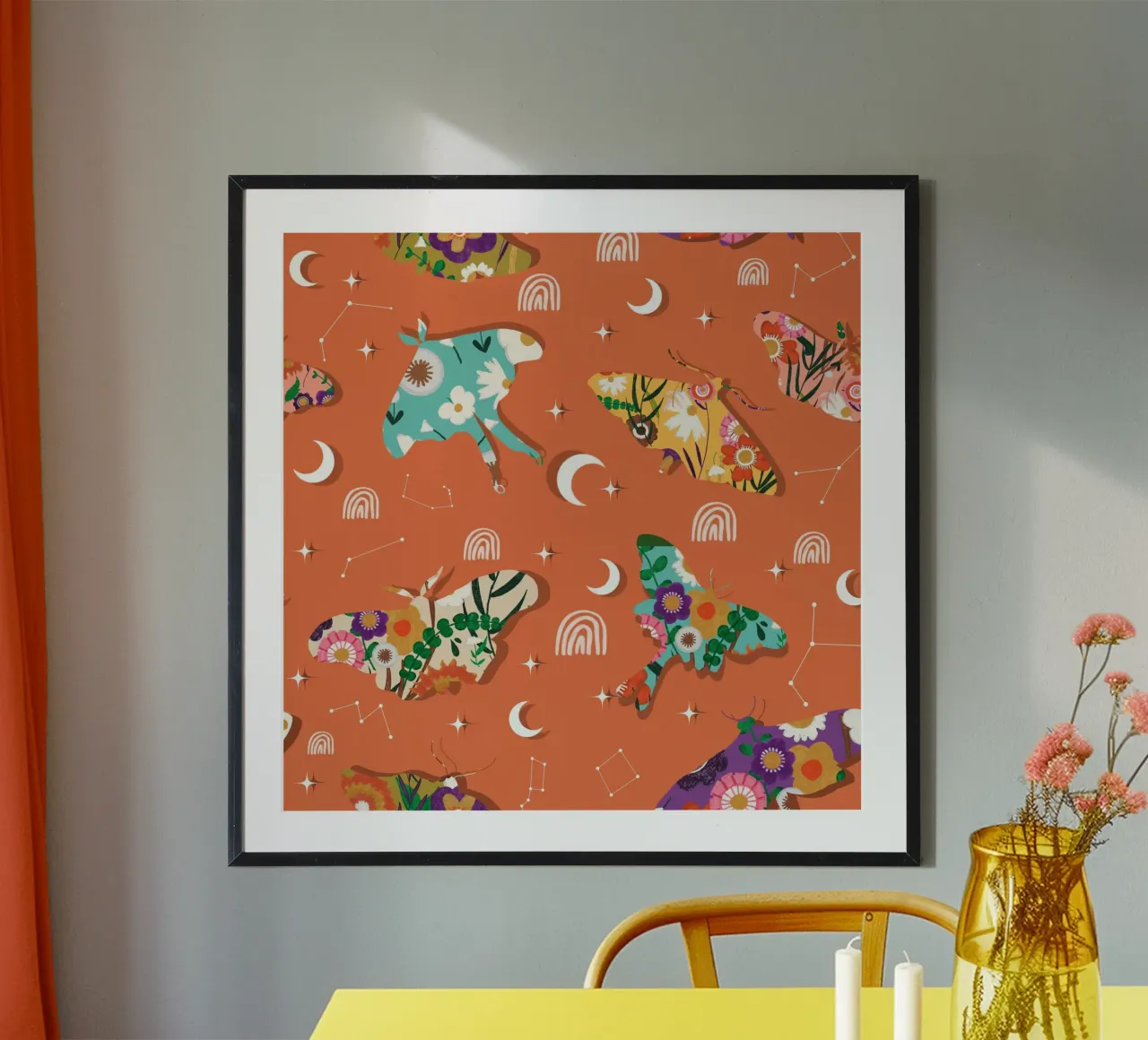 Falene cosmiche floreali - Boho Arancione celeste carta hahnemühle da susanacosta