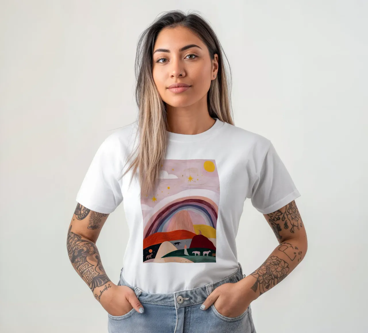 Boho Poster, Kleurrijk Abstract Muurkunst, Regenboog Print t-shirt van Boheme