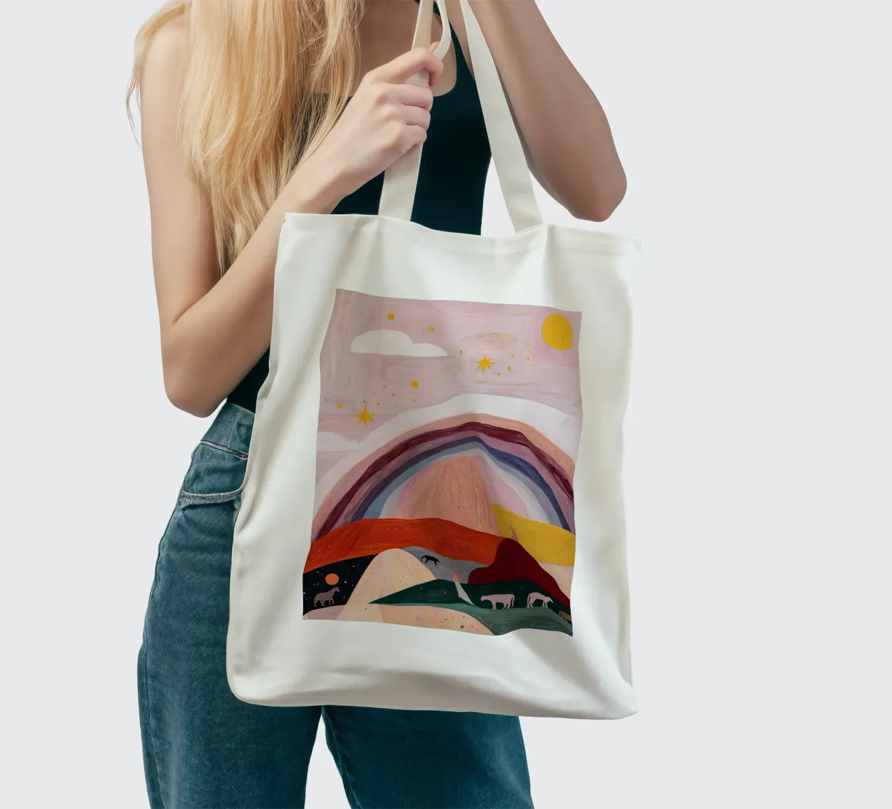 Boho Poster, Kleurrijk Abstract Muurkunst, Regenboog Print jute draagtas van Boheme