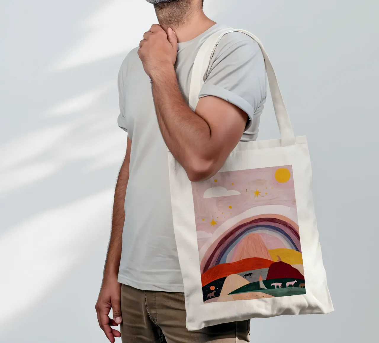 Boho Poster, Kleurrijk Abstract Muurkunst, Regenboog Print jute draagtas van Boheme