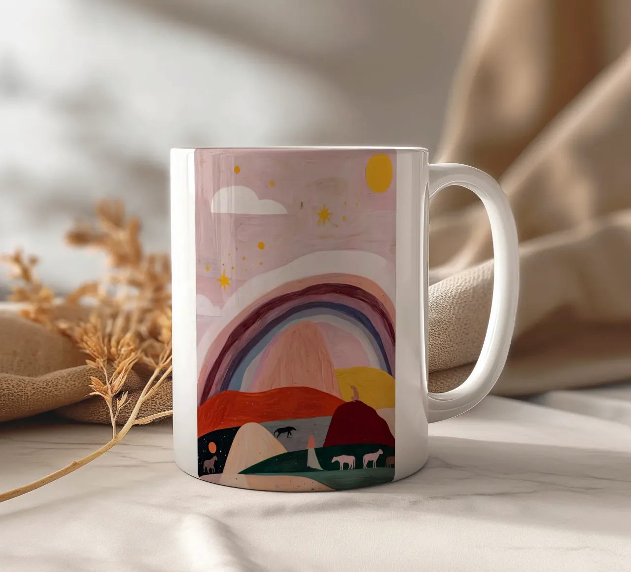 Boho Poster, Kleurrijk Abstract Muurkunst, Regenboog Print keramische mok van Boheme