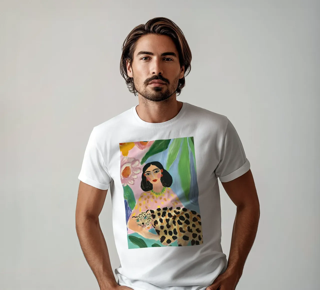 Stampa astratta di donna, arte da parete con ghepardo, arte colorata t-shirt da Boheme