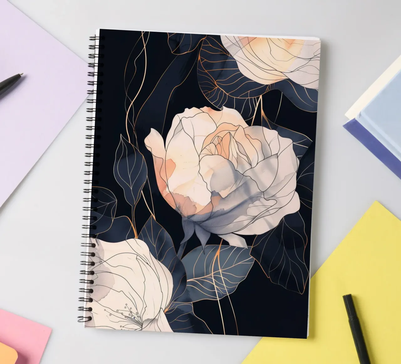 Roses black version spiral notebook by Justyna Jaszke JBJart