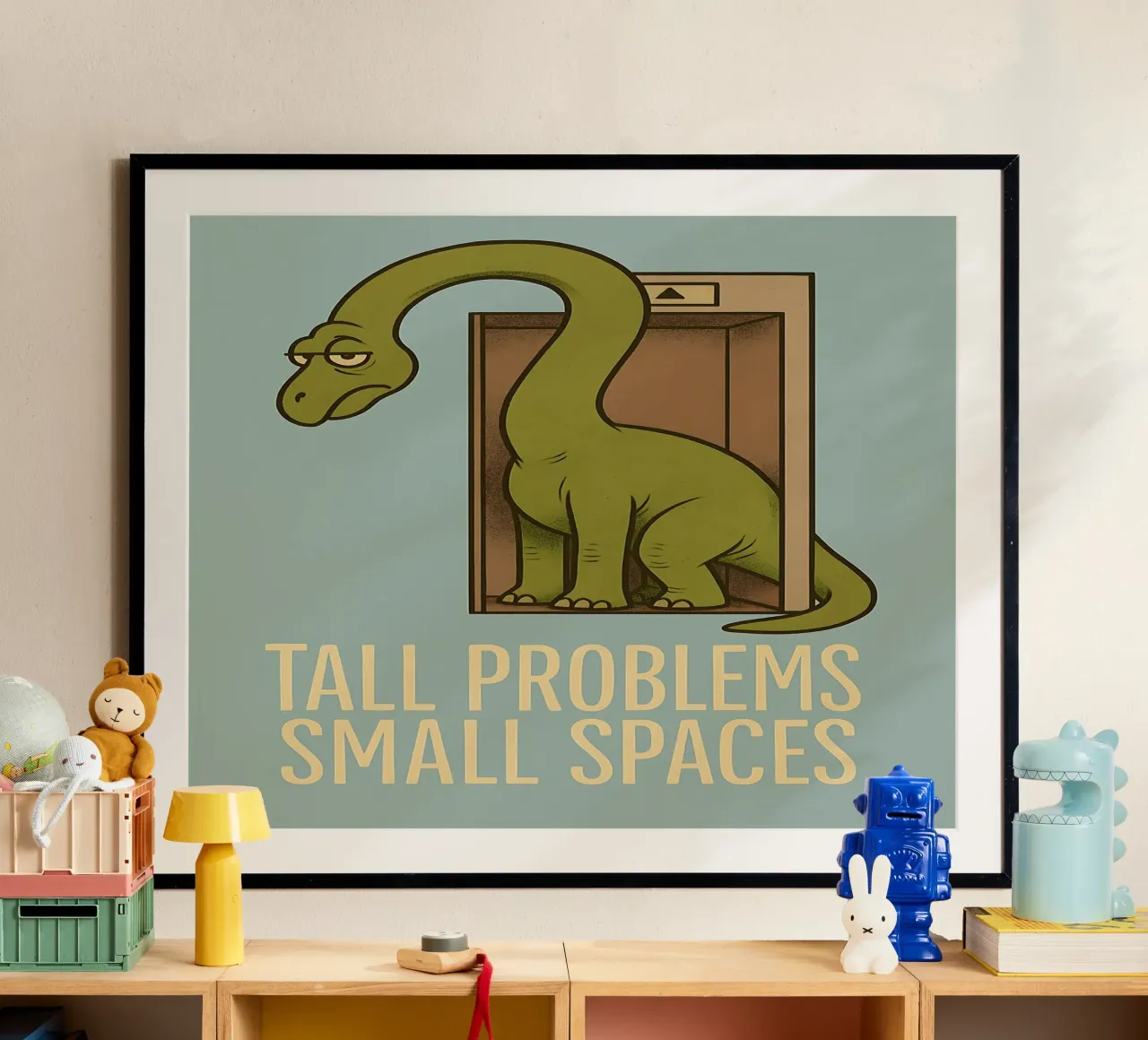 Meme divertente sul brachiosauro poster con telaio in alluminio da Funny Humor Art