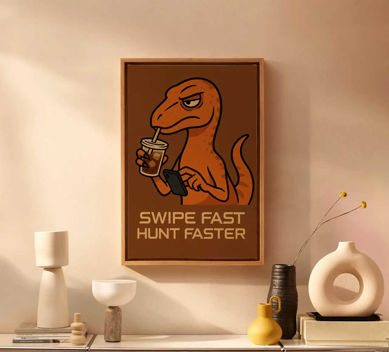 Funny Velociraptor meme canvas with Floater frame by Funny Humor Art