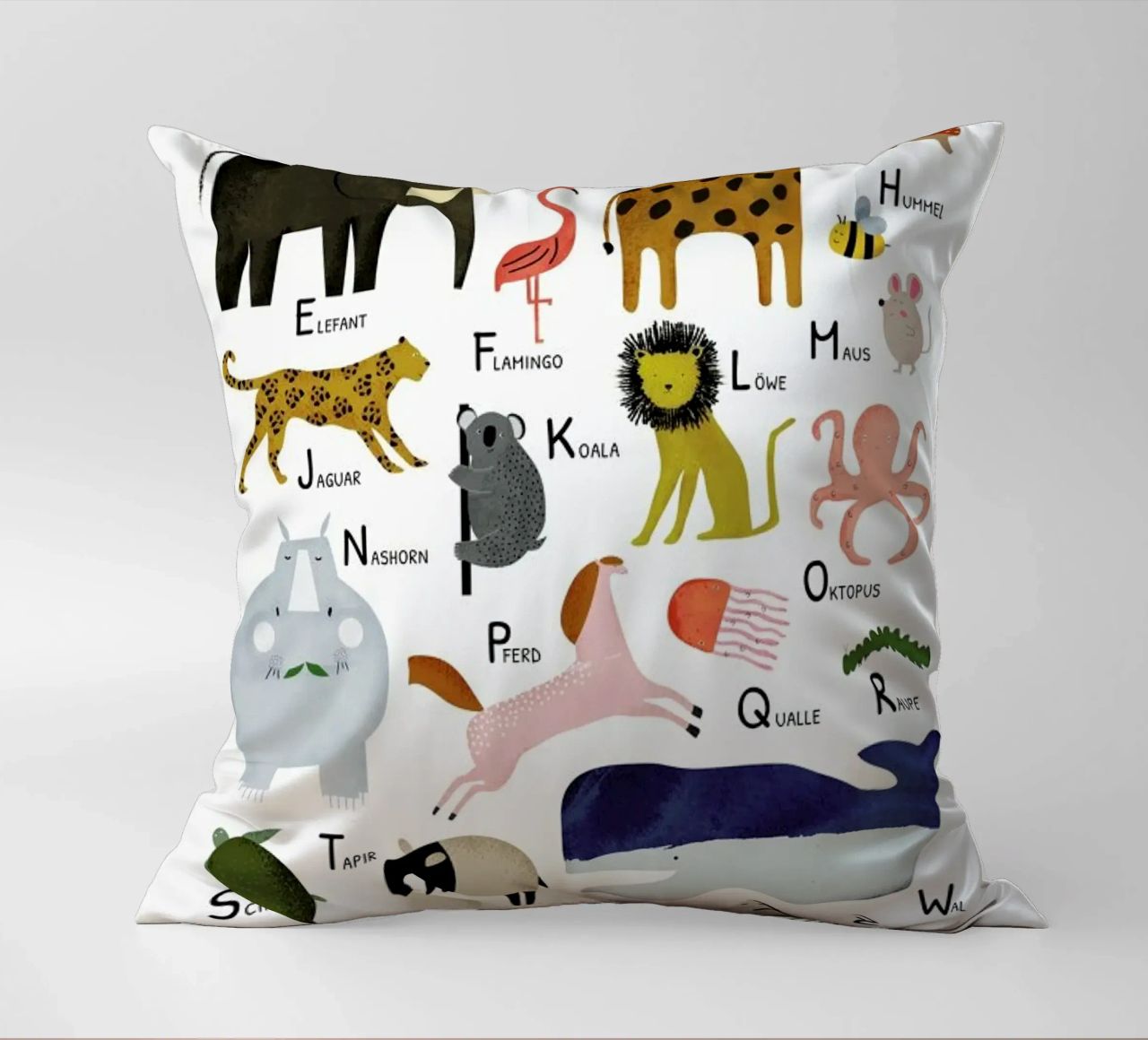 Tiere von A bis Z decorative cushion by Little Flourishes