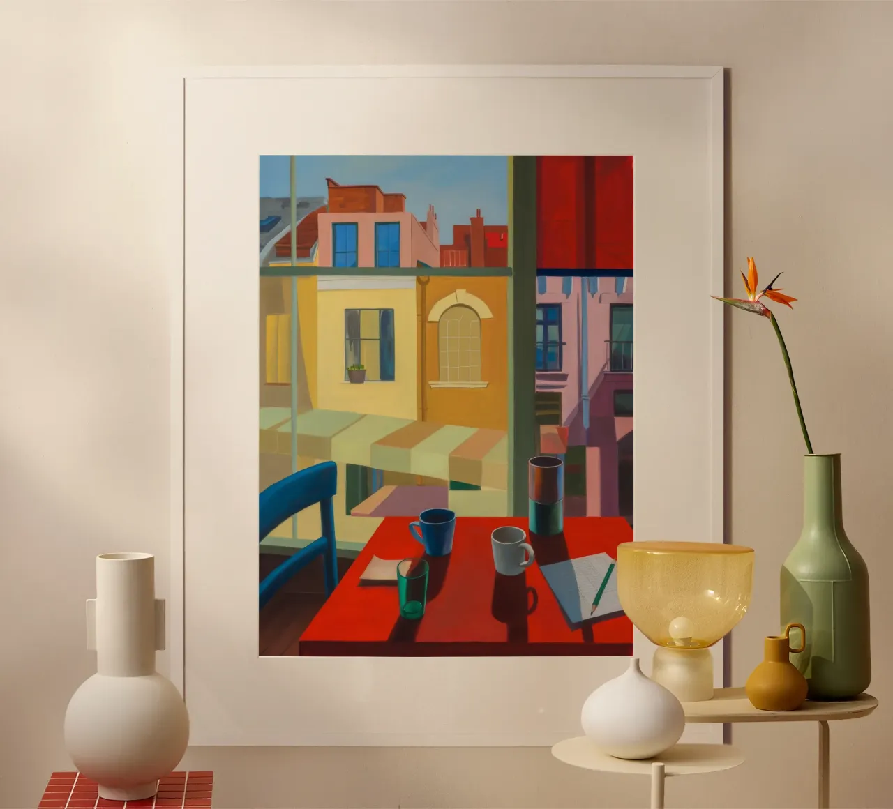 Prospettiva rosso tramonto poster con telaio in legno da Mystic Grain
