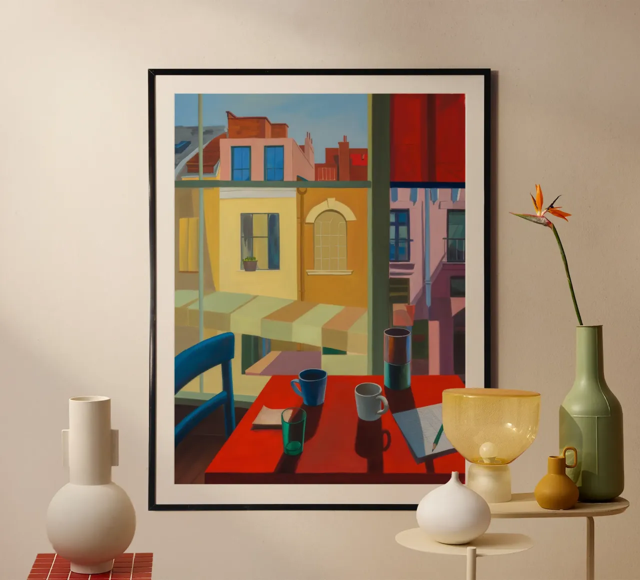 Prospettiva rosso tramonto poster con telaio in legno da Mystic Grain