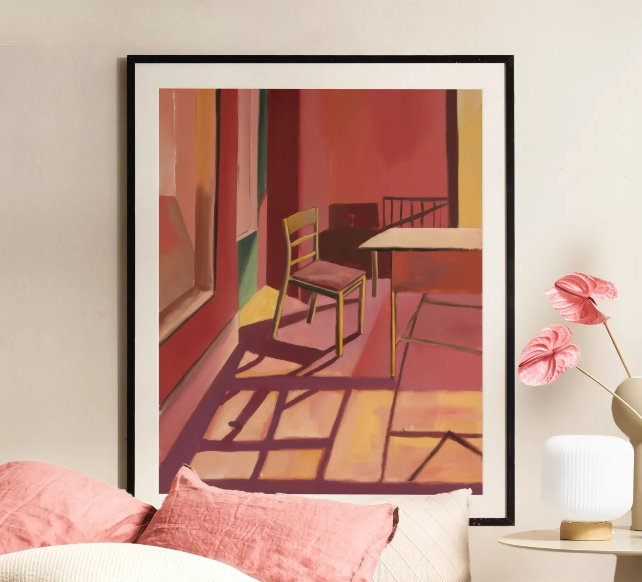 Geometria della luce cremisi poster con telaio in legno da Mystic Grain