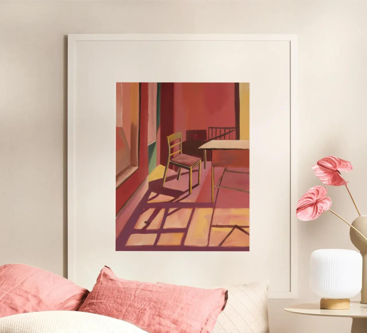 Geometria della luce cremisi poster con telaio in legno da Mystic Grain