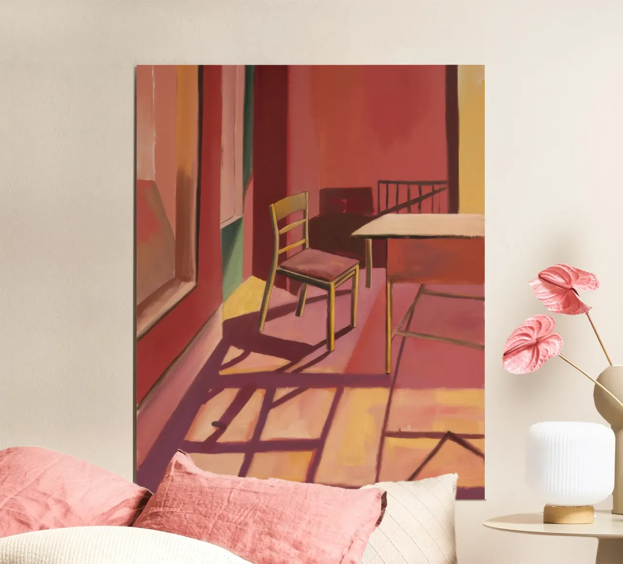 Geometria della luce cremisi poster con telaio in legno da Mystic Grain