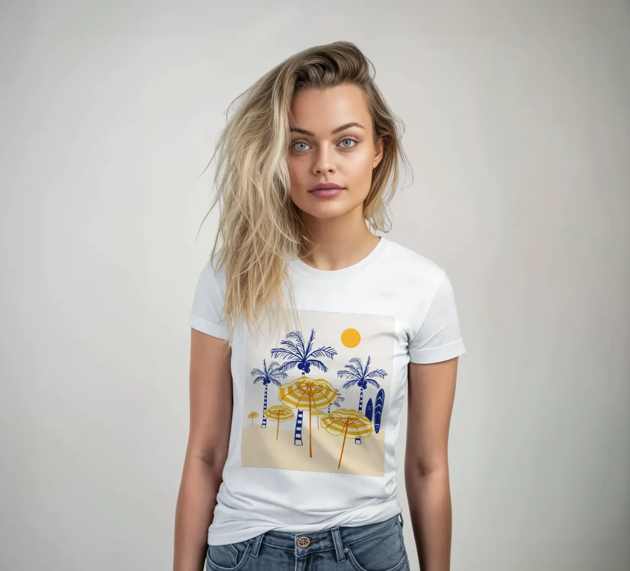 Retro Yellow Beach Vibes – Palms, Umbrellas & Surfboards women's fitted t-shirt by EDMPROJECT