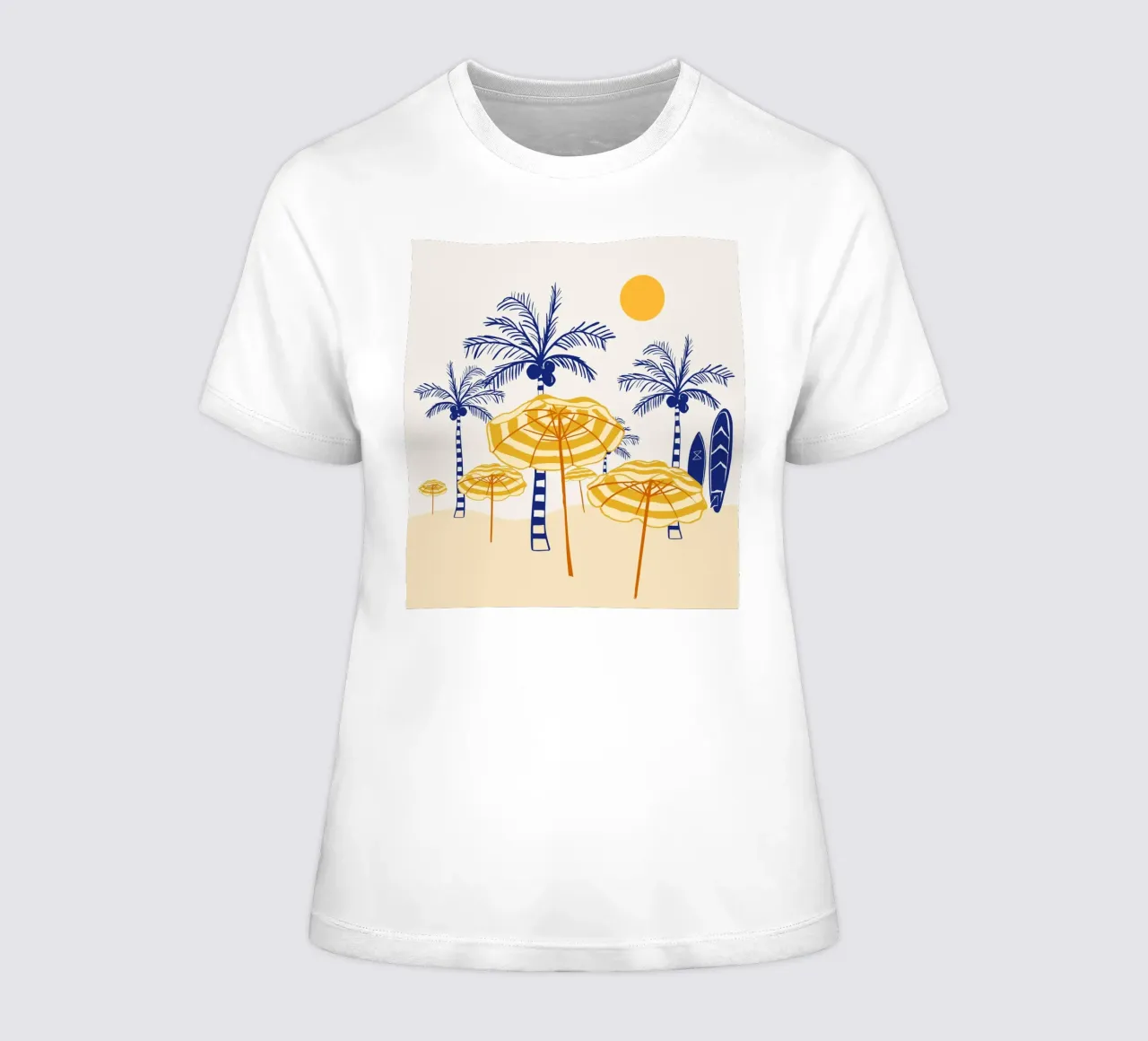 Retro Yellow Beach Vibes – Palms, Umbrellas & Surfboards women's fitted t-shirt by EDMPROJECT