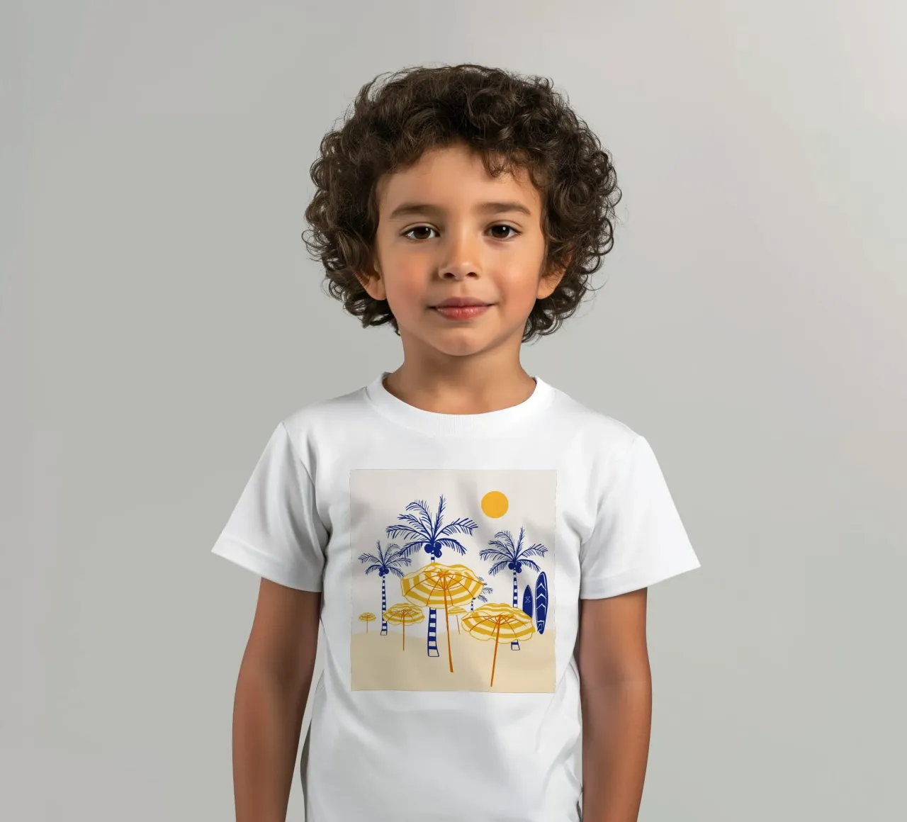 Retro Yellow Beach Vibes – Palms, Umbrellas & Surfboards kids t-shirt by EDMPROJECT