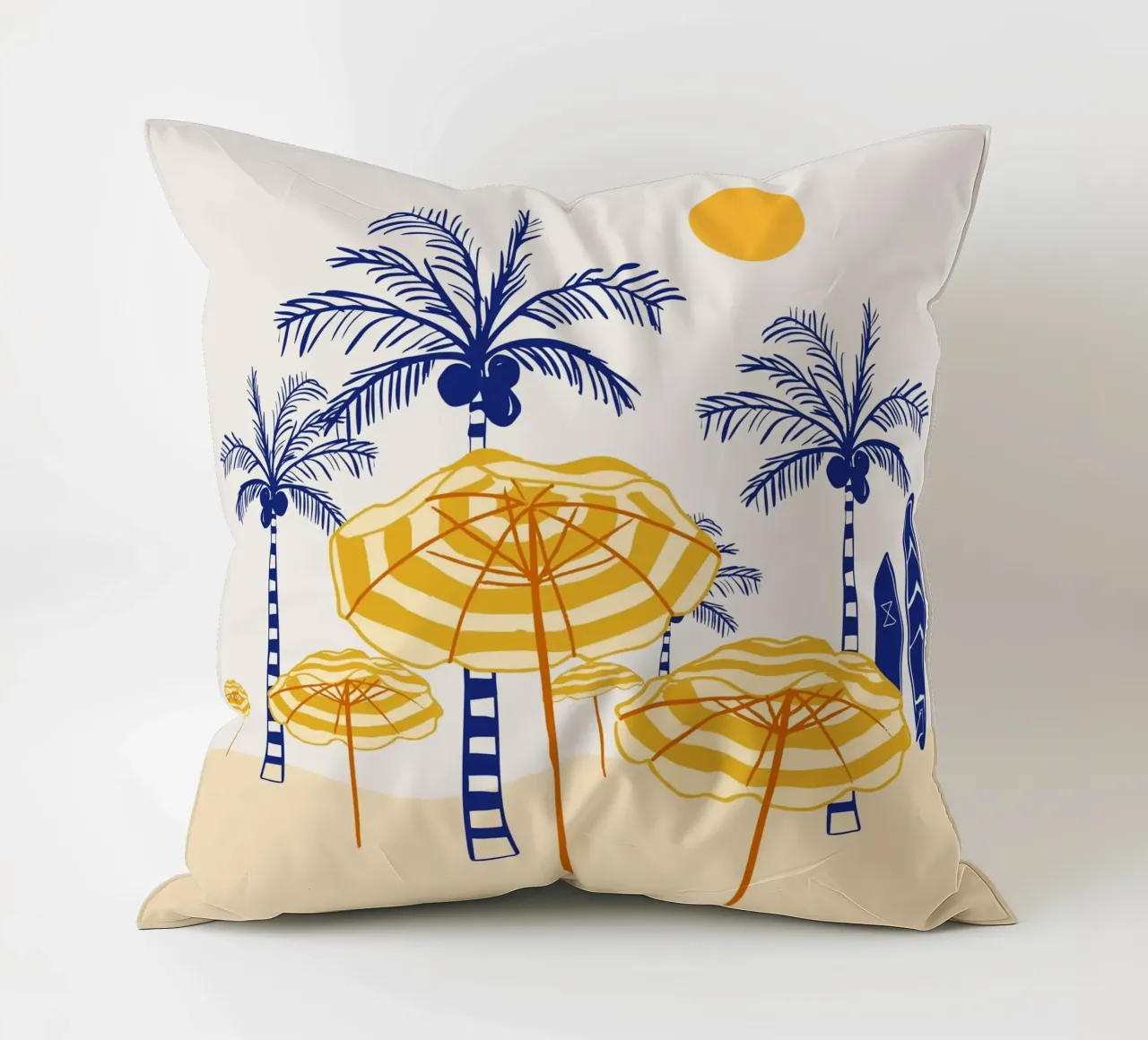 Retro Yellow Beach Vibes – Palms, Umbrellas & Surfboards decorative cushion by EDMPROJECT