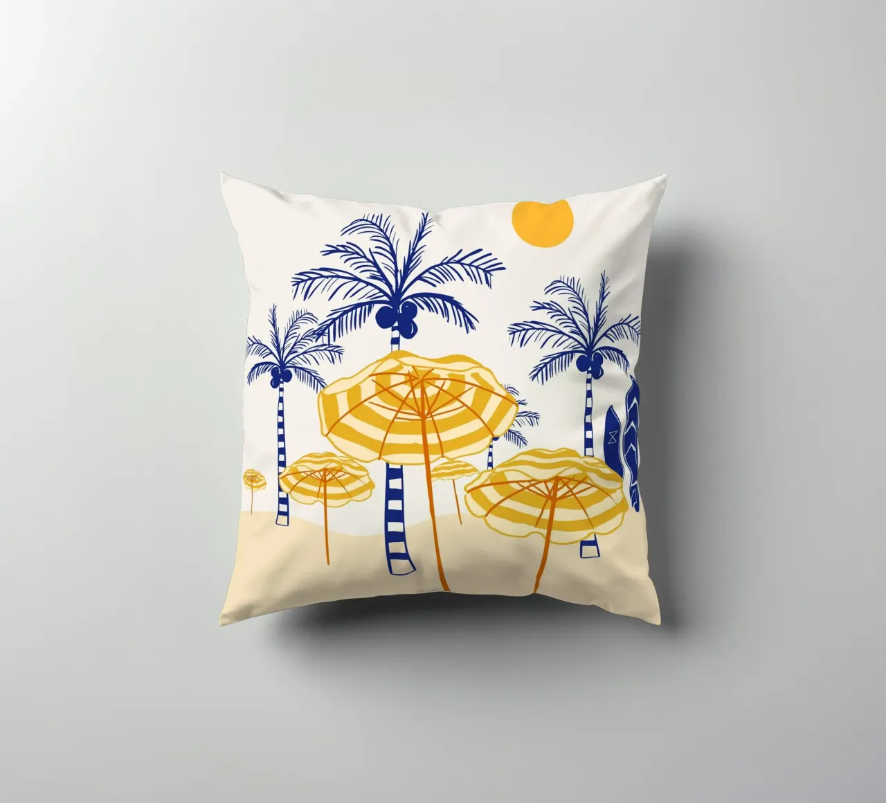 Retro Yellow Beach Vibes – Palms, Umbrellas & Surfboards decorative cushion by EDMPROJECT