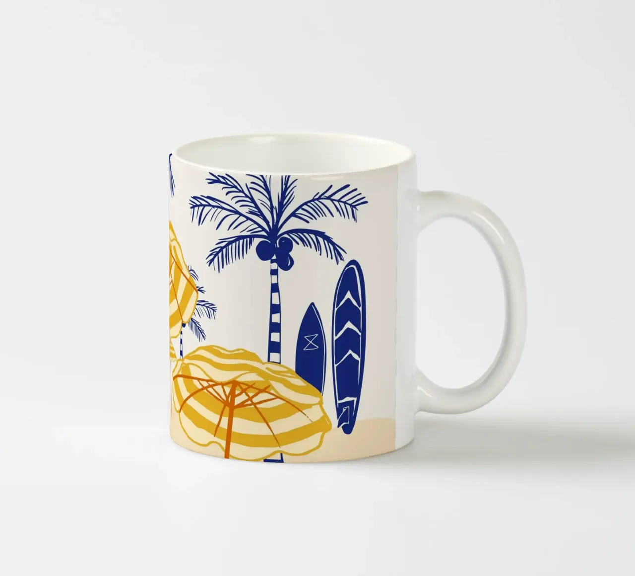 Retro Yellow Beach Vibes – Palms, Umbrellas & Surfboards ceramic mug by EDMPROJECT