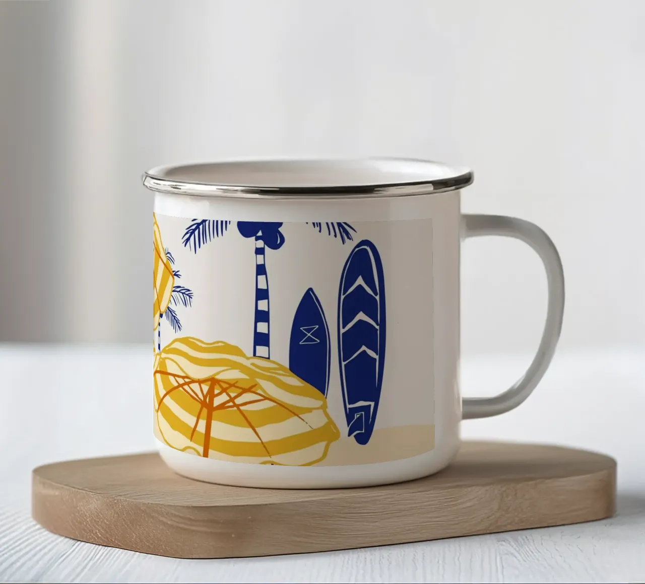 Retro Yellow Beach Vibes – Palms, Umbrellas & Surfboards enamel mug by EDMPROJECT